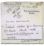 The letter that Charles Dawson wrote to Smith Woodward announcing the discovery of Piltdown; 14 February 1912. Highlighted is the sentence ‘I think portion of a human (?) skull which will rival H. heidelbergensis in solidity’ © Natural History Museum (DF PAL/100/53/220)