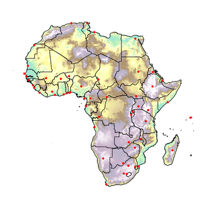 Map of Africa showing elevation, country boundaries and capital cities